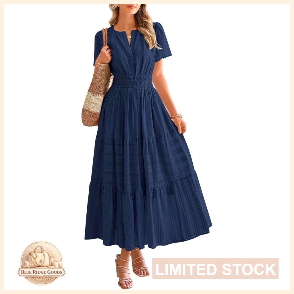 Boho Maxi Dress Lightweight Cotton V Neck Elastic Waist Tiered Ruffle Pockets